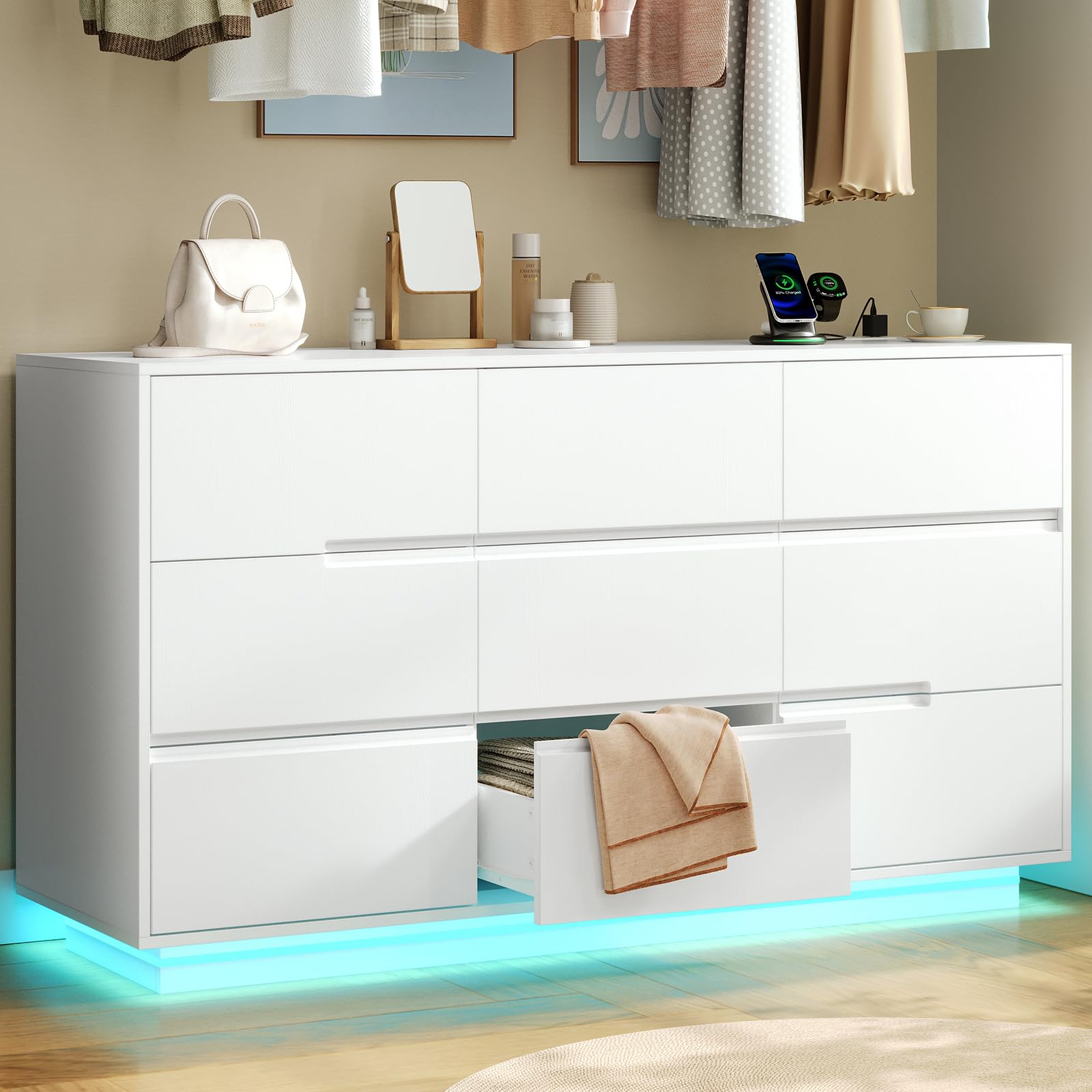 9 Drawer White Dresser with Charging Station and LED Lights