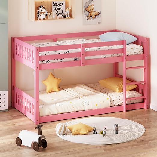 Solid Wood Low Twin Over Twin Bunk Bed for Kids/Junior