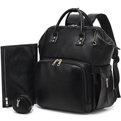 Premium Vegan Leather Diaper Bag Backpack with Waterproof Changing