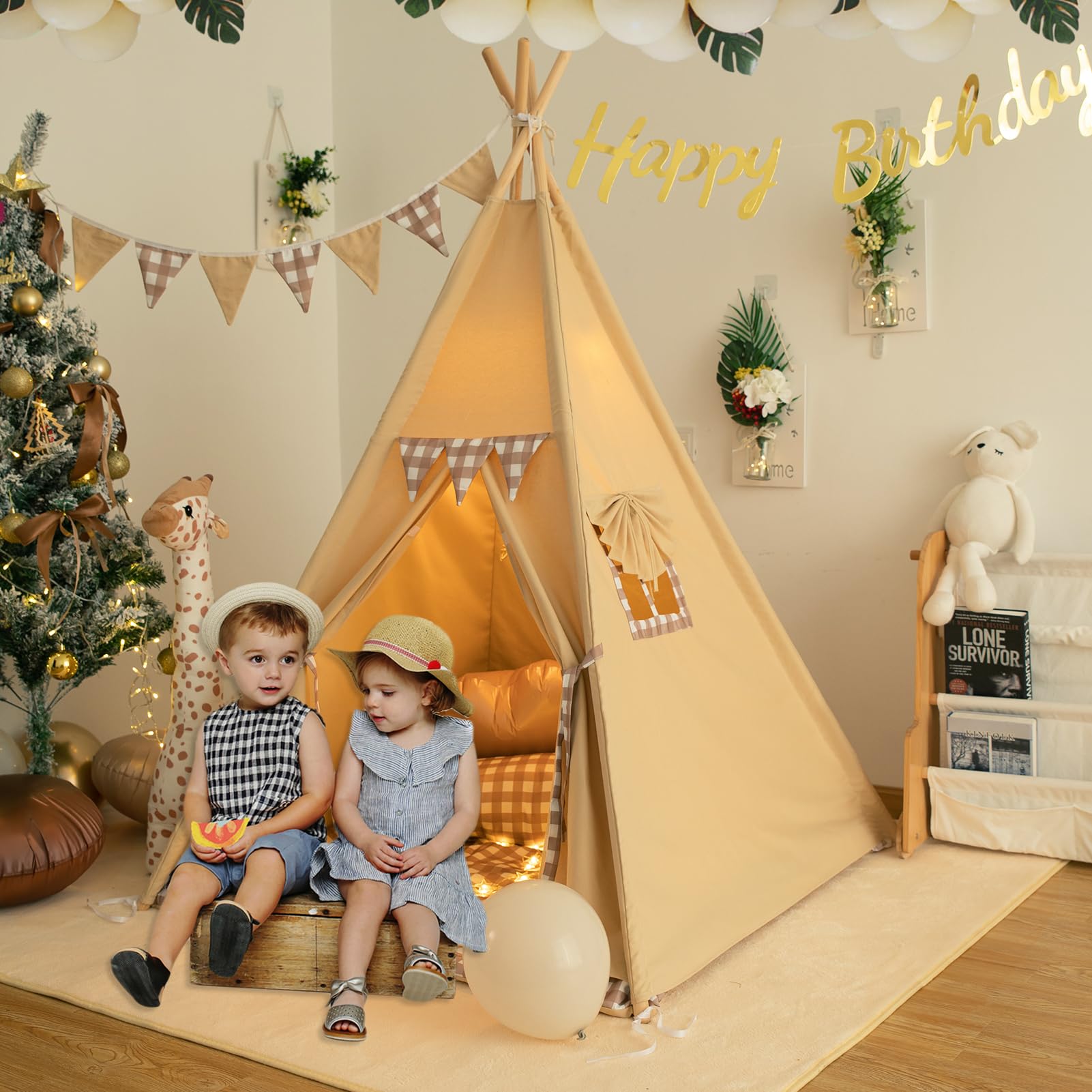 Teepee Tent with Padded Mat Bunting Banner Fairy Lights