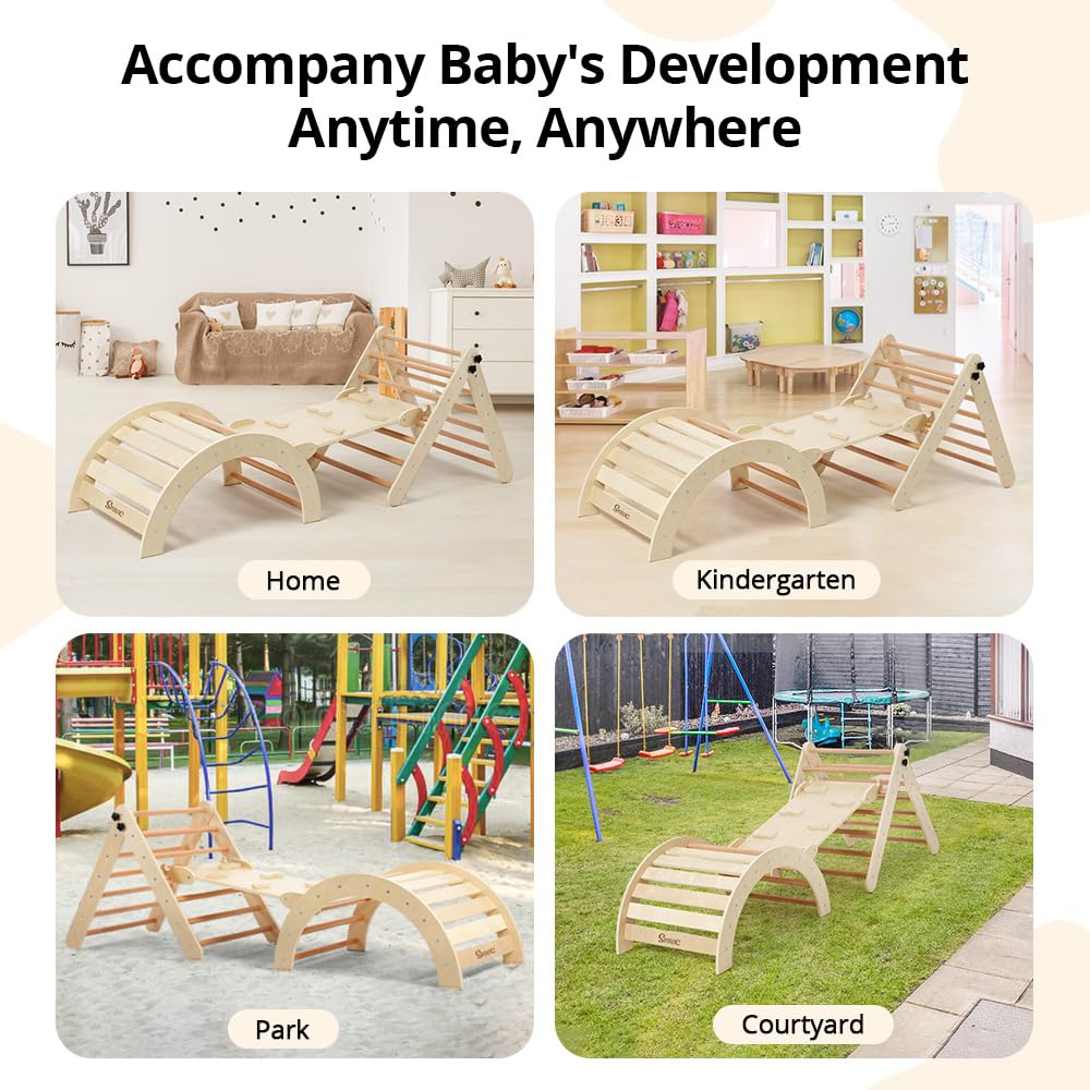 Pikler Triangle Climbing Set with Cushion and Arch Ramp