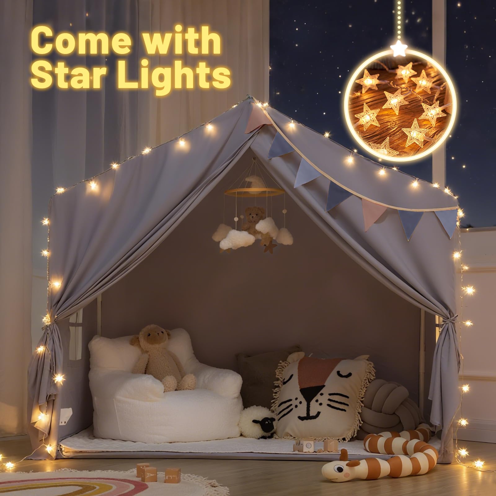Play Tent Indoor - with Mat, Star Lights - Large Toddler Playhouse