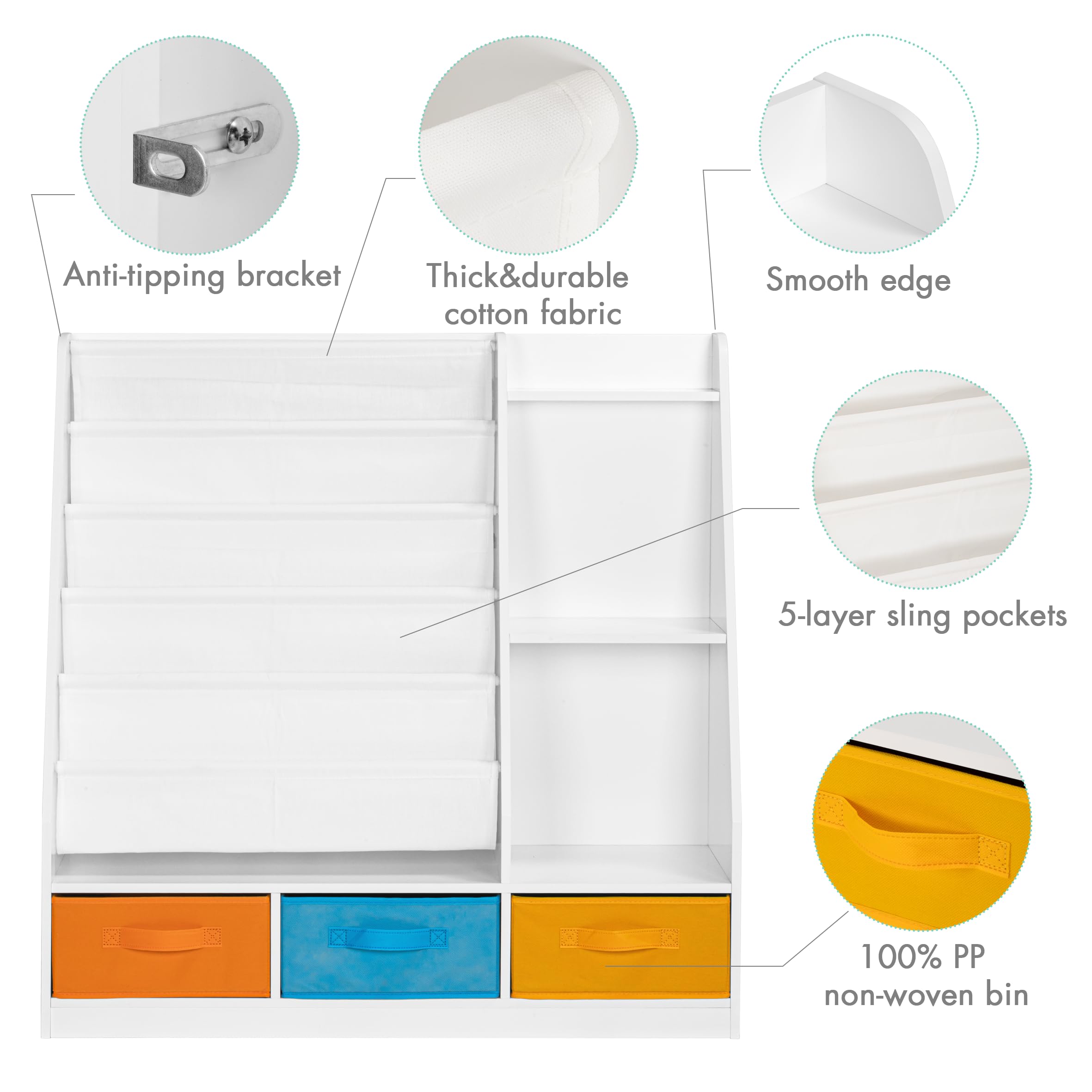 5-Tier Kids Sling Bookshelf with Storage Bins