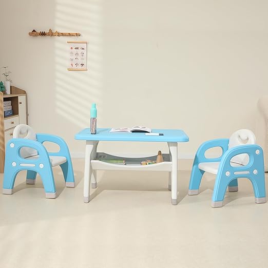 Kids Table and 2 Chairs Set, Toddler Activity Table Set with Storage Shelf