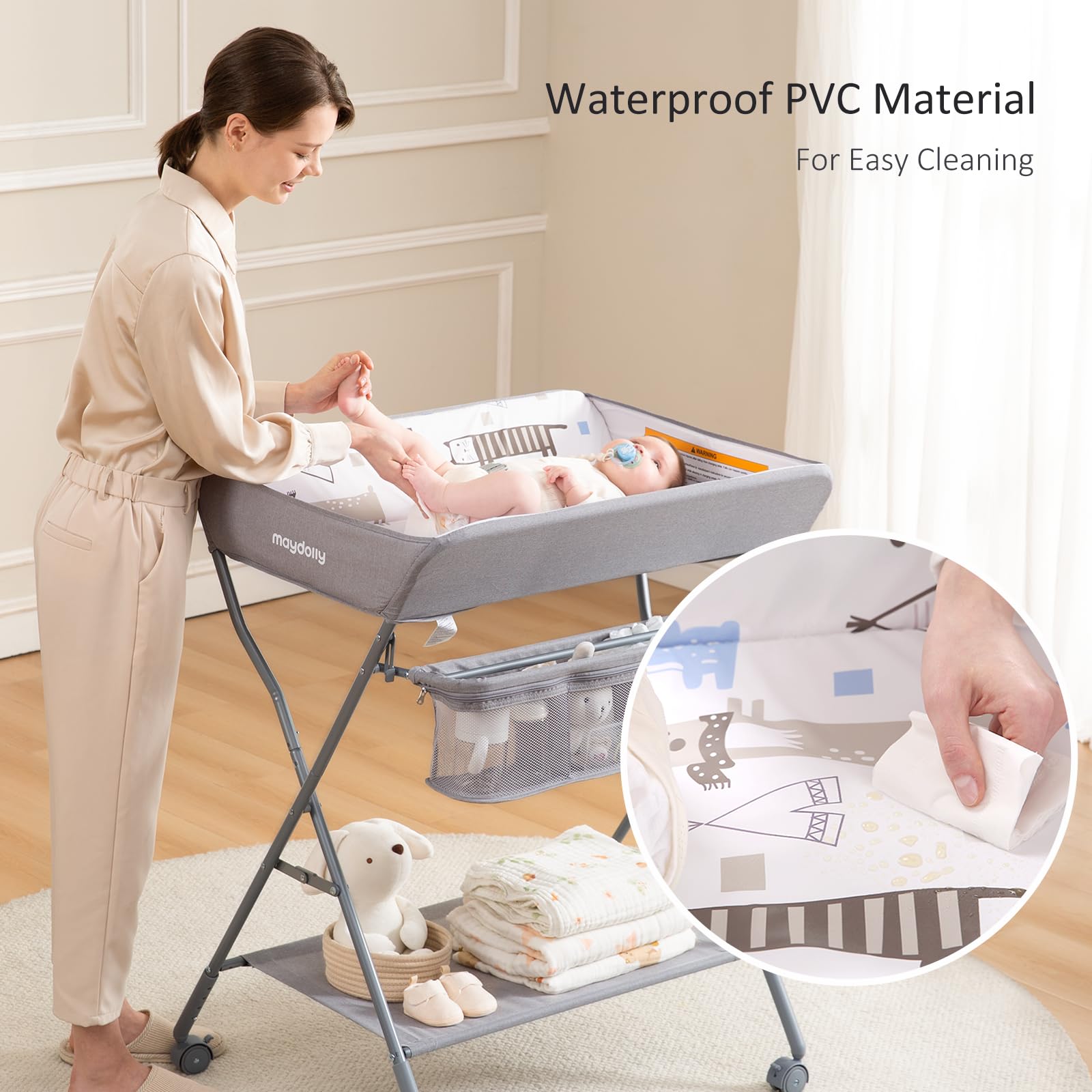 Adjustable Height Baby Changing Table with Wheels