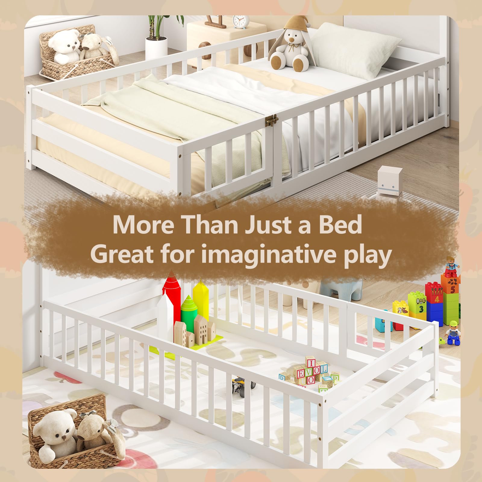 Twin Floor Bed with House-Shaped Headboard and Safety Guardrail