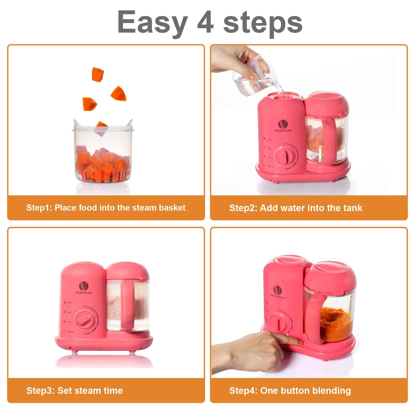 Ventray Baby Food Maker Steamer and Blender, Puree Food Processor for Baby Toddler, All-in-one Auto Cooking, Easy to Clean, BPA-Free - Pink