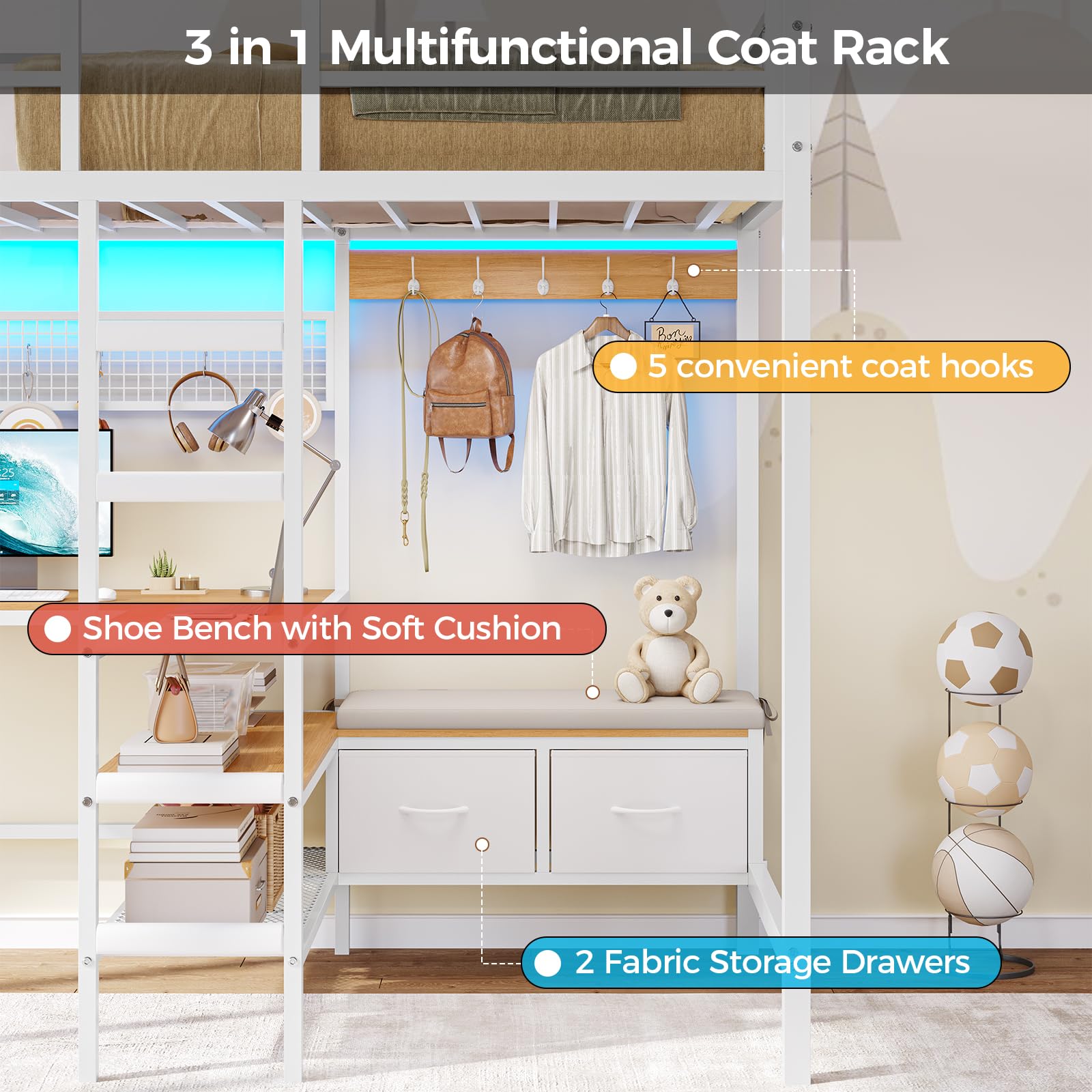 Twin Loft Bed with Desk and LED Lights