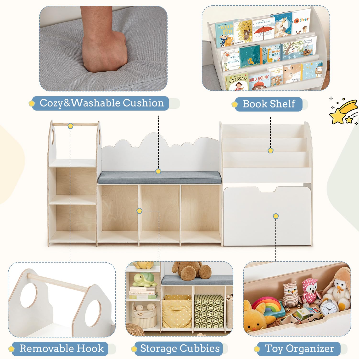 Kids Reading Nook with Storage Bench and Bookshelf