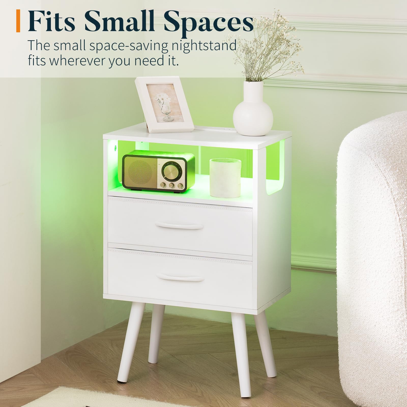 LED Nightstand with Charging Station and Fabric Drawers