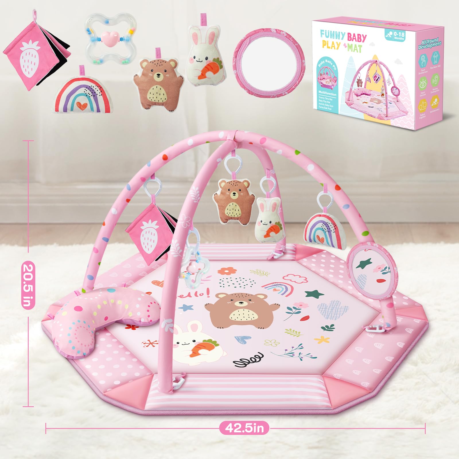 Baby Gym Play Mat, 8-in-1 Tummy Time Mat & Ball Pit with 6 Toys