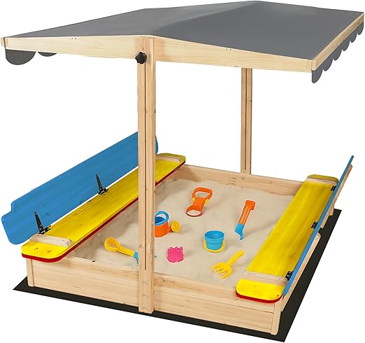 Large Wooden Outdoor Sandbox with Lid Cover Adjustable Canopy Foldable Bench