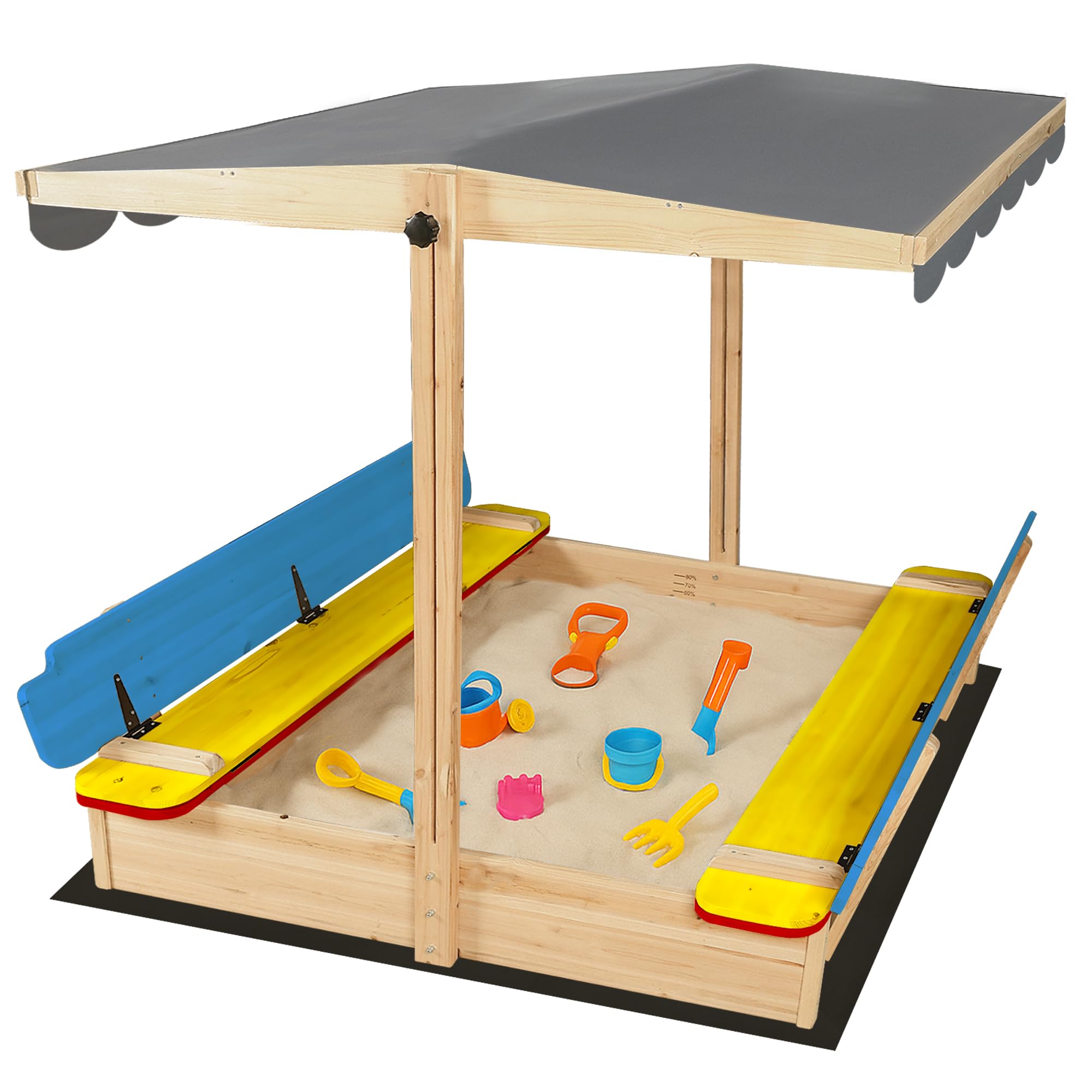 Large Wooden Outdoor Sandbox with Lid Cover Adjustable Canopy Foldable