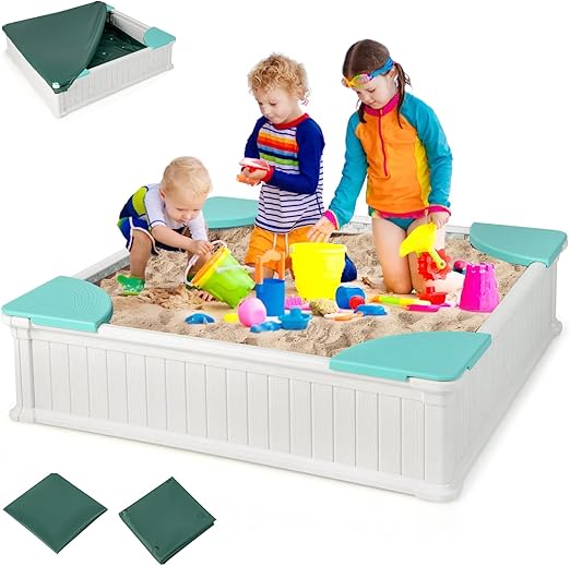 12.5" Kids Sandbox with Cover, 48 x 48 Inch Large HDPE Pit for Backyard