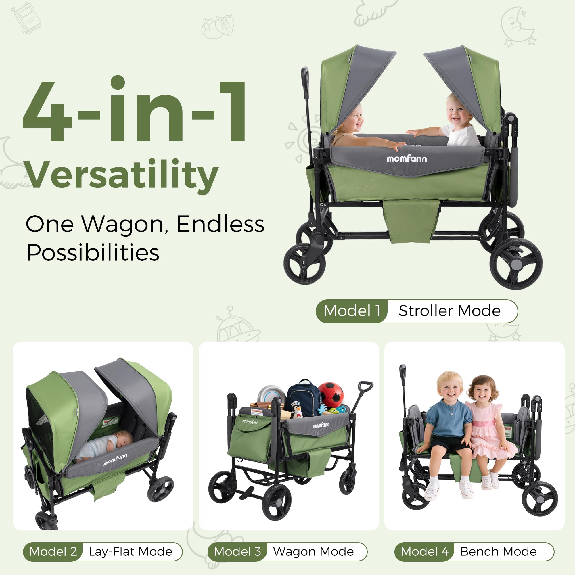 4-in-1 Convertible Stroller Wagon for 2 Kids with Canopy