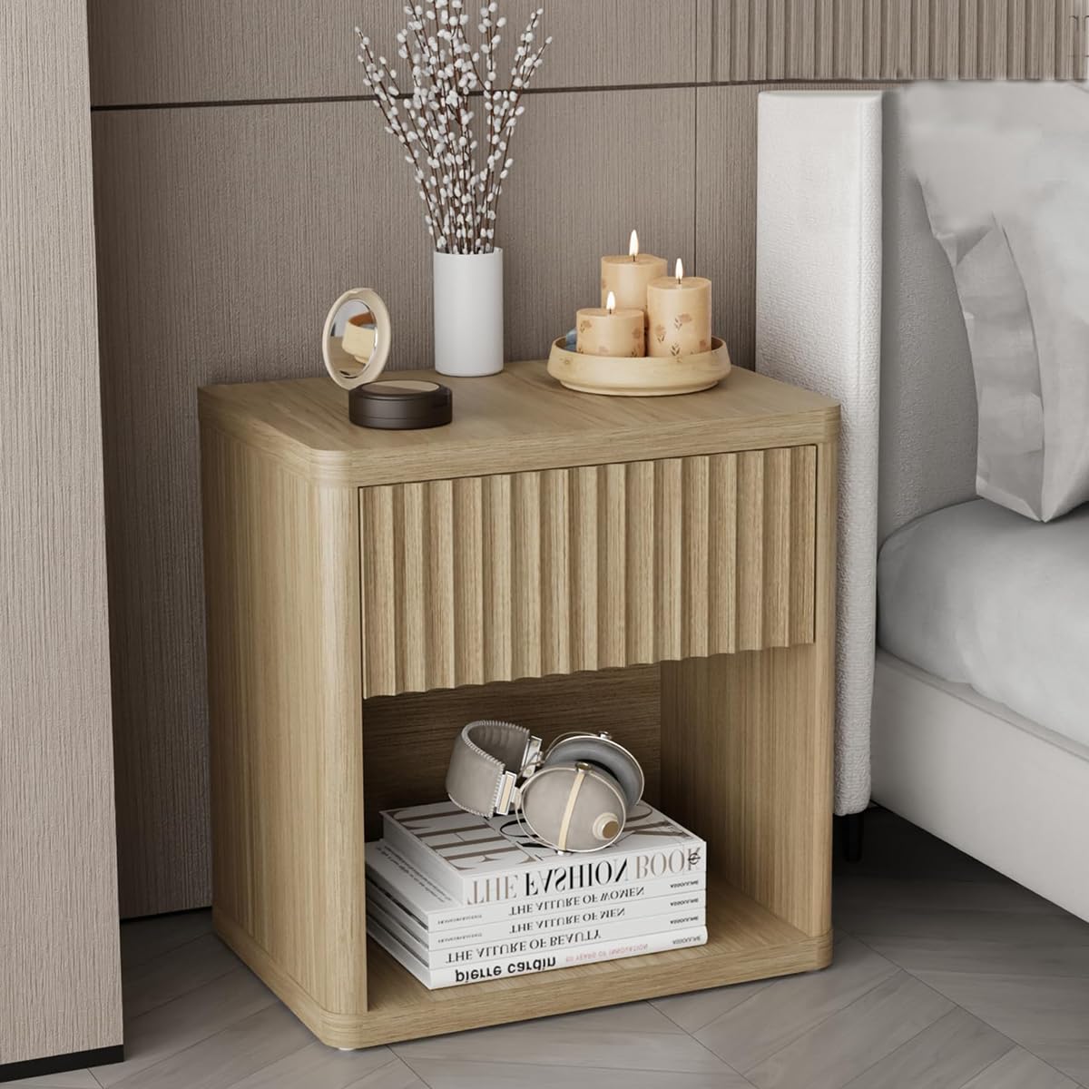 Large Modern Nightstand with Drawer Storage 22.8Inch Wide Fluted