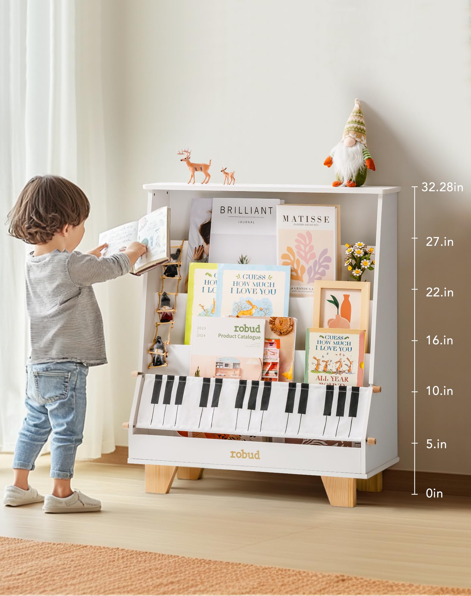 Kids Bookshelf, White Wooden Book Shelf with Stability & Sturdiness