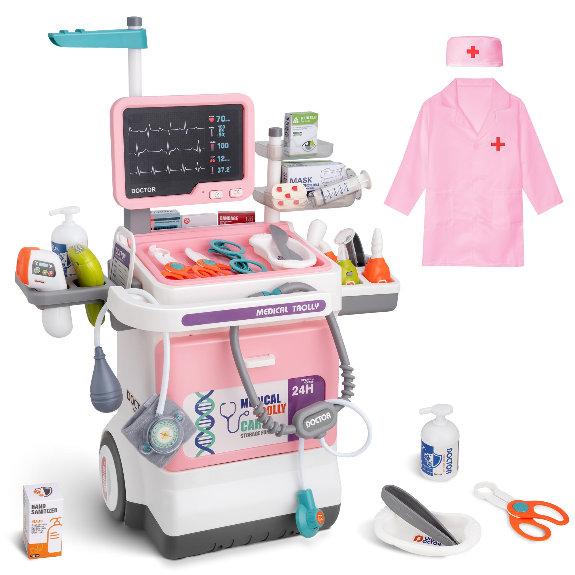 Toddlers - Deluxe Pretend Play Medical Cart Toy Set with Stethoscope