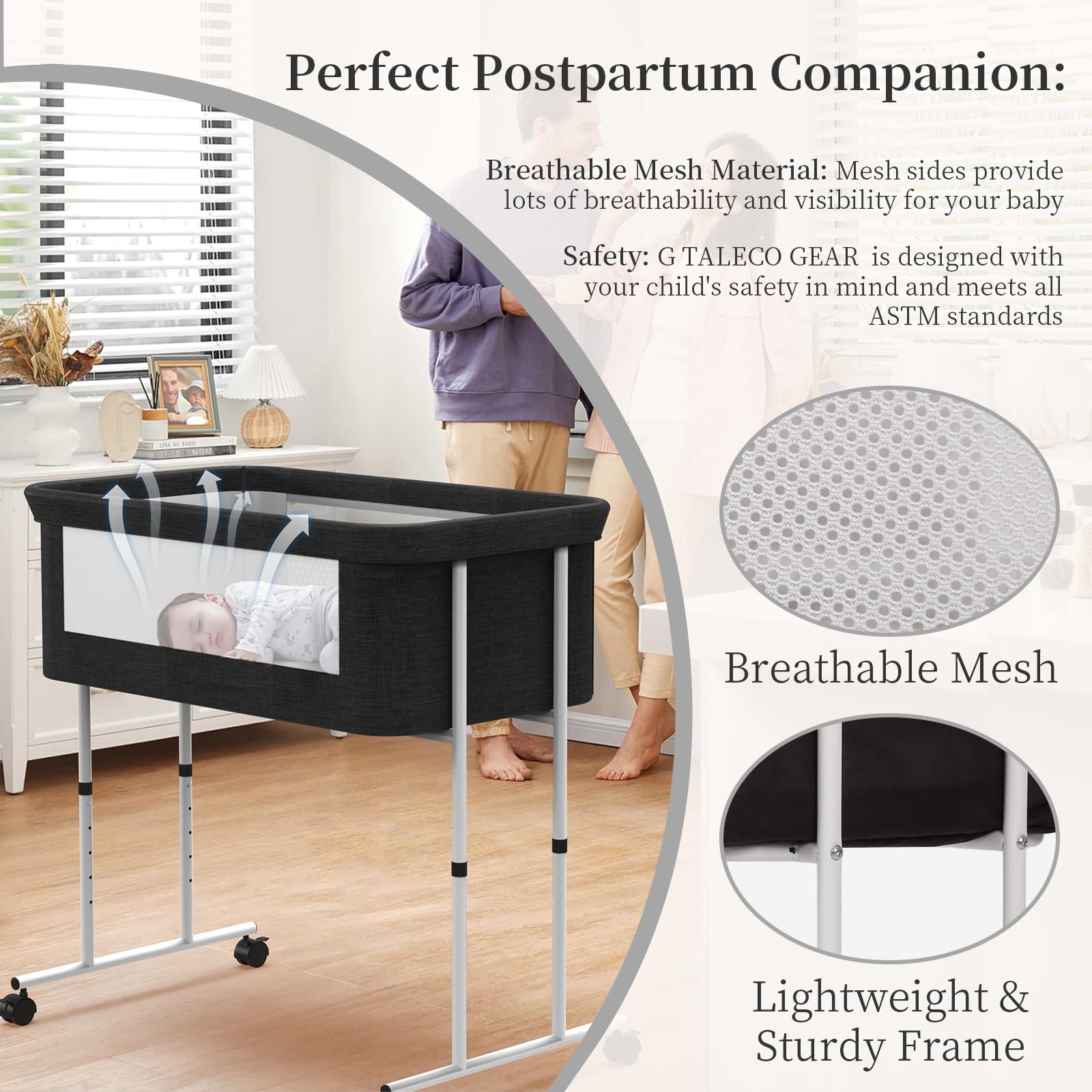 Baby Bassinet Bedside Sleeper with Adjustable Heights and Mesh