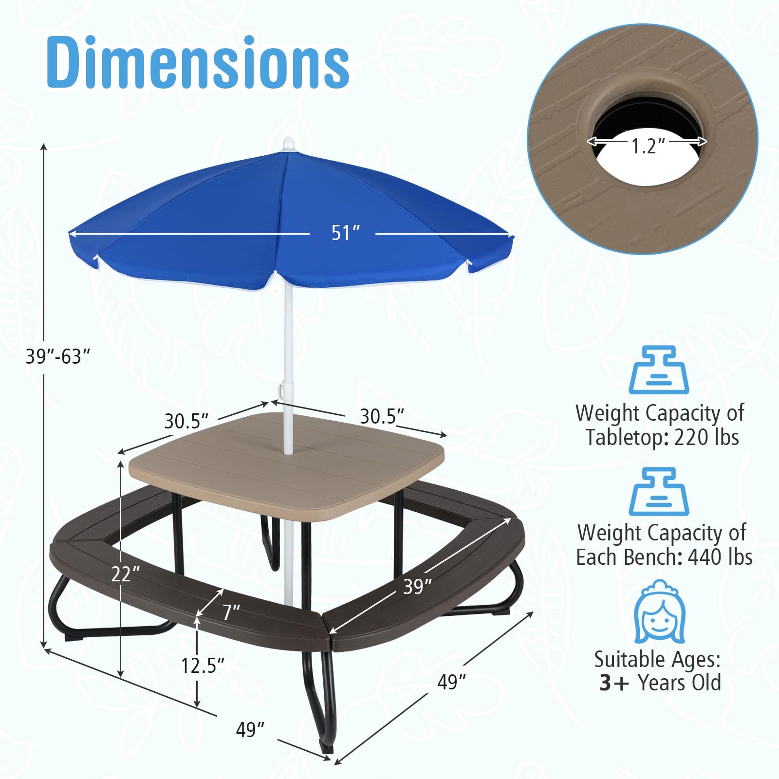 Kids Picnic Table with Umbrella - 8 Person Outdoor Set