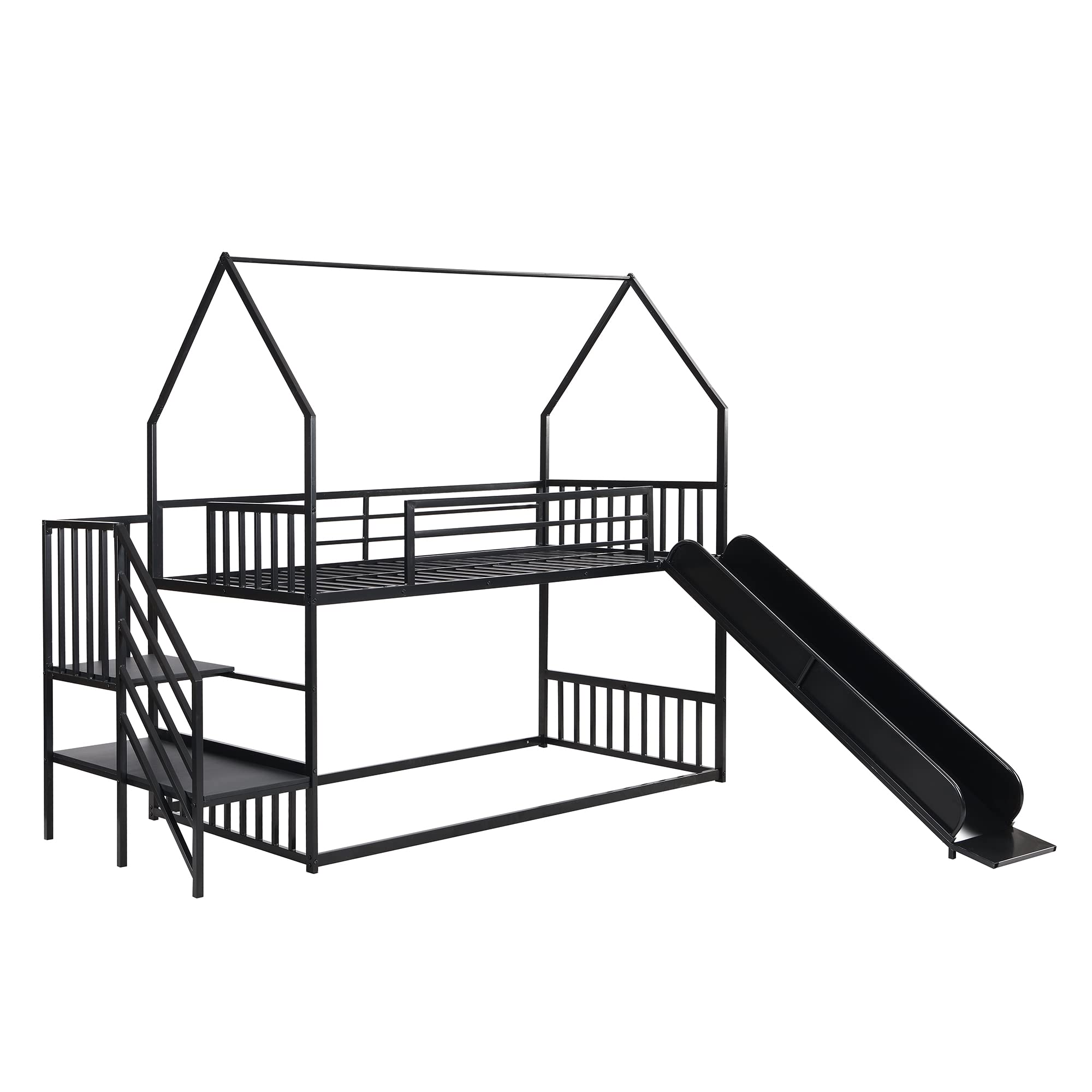 Metal Bunk Bed with Slide and Storage Stairs