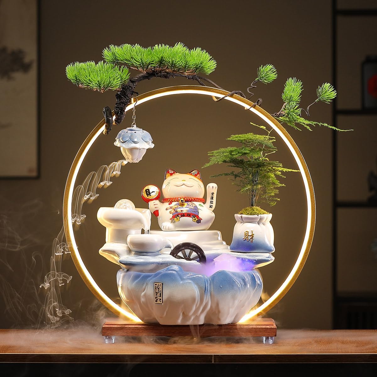 Tabletop Waterfall Fountain with Chinese Ceramic Lucky Cat