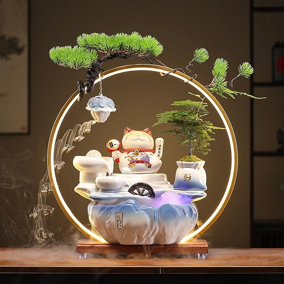 Tabletop Waterfall Fountain with Chinese Ceramic Lucky Cat