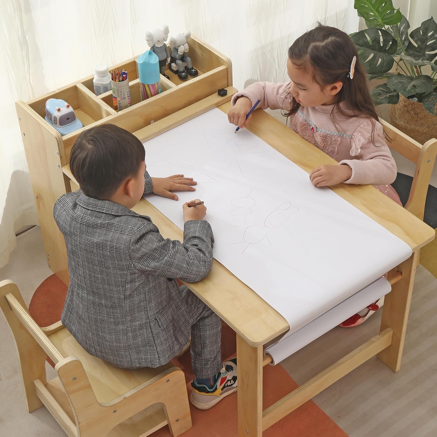 Kids Art Table and Chair Set with Storage Shelves