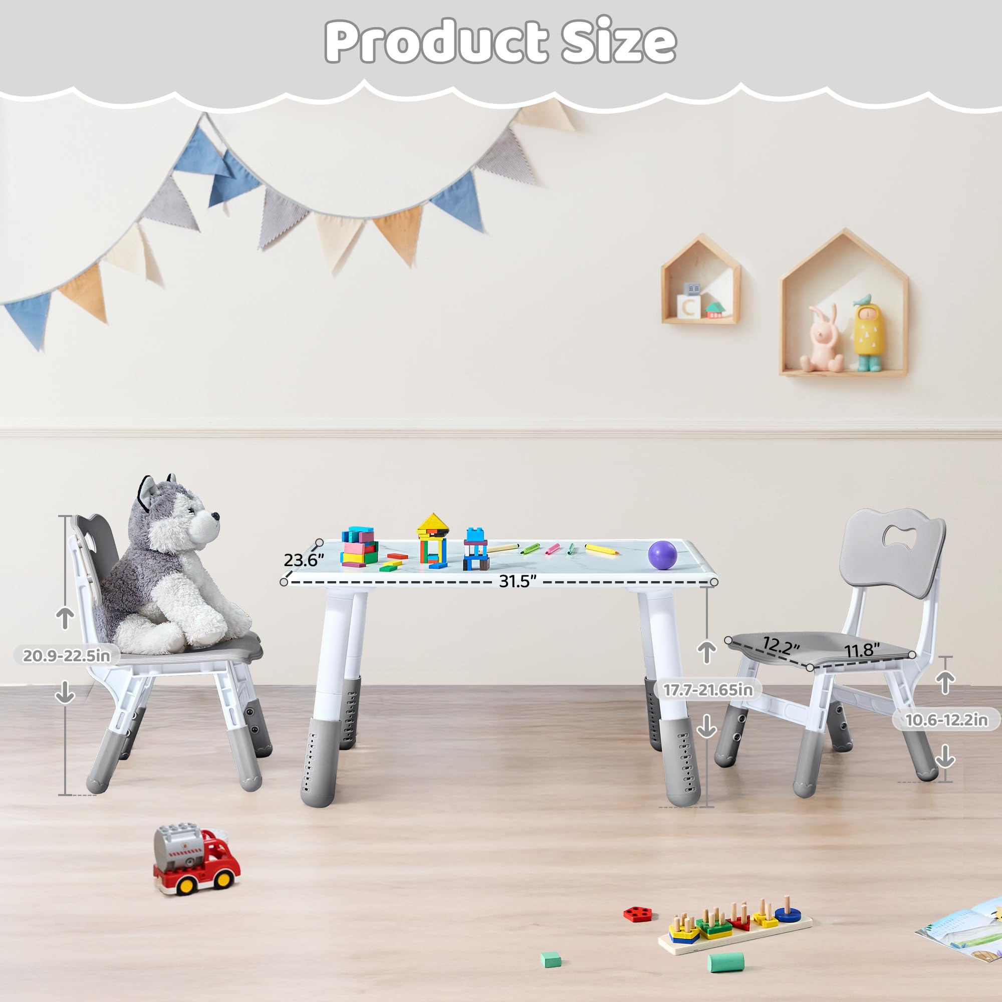 Toddler Table and 2 Chairs Set, Height Adjustable Kids Table and Chairs