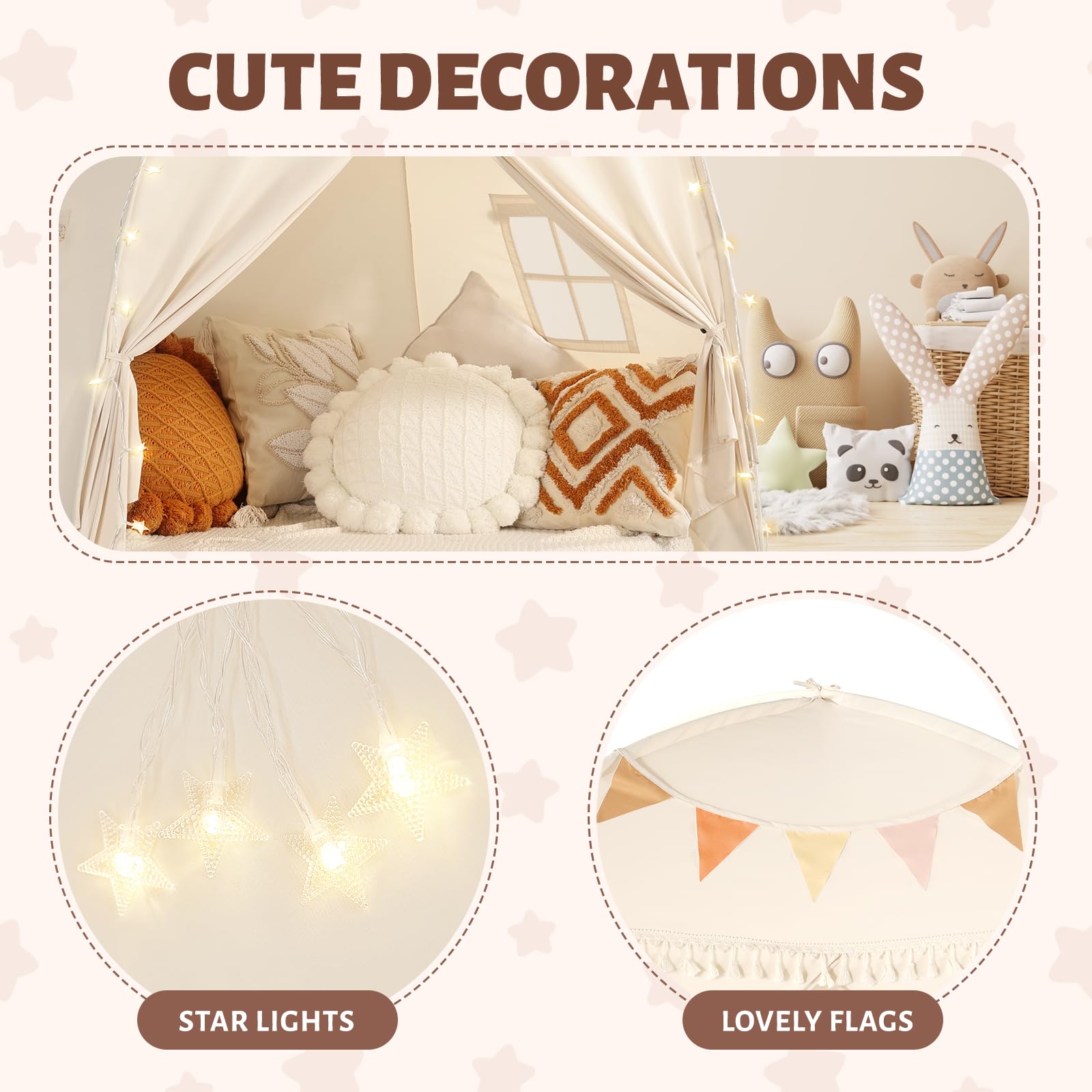 Large Kids Teepee Tent with Star Lights