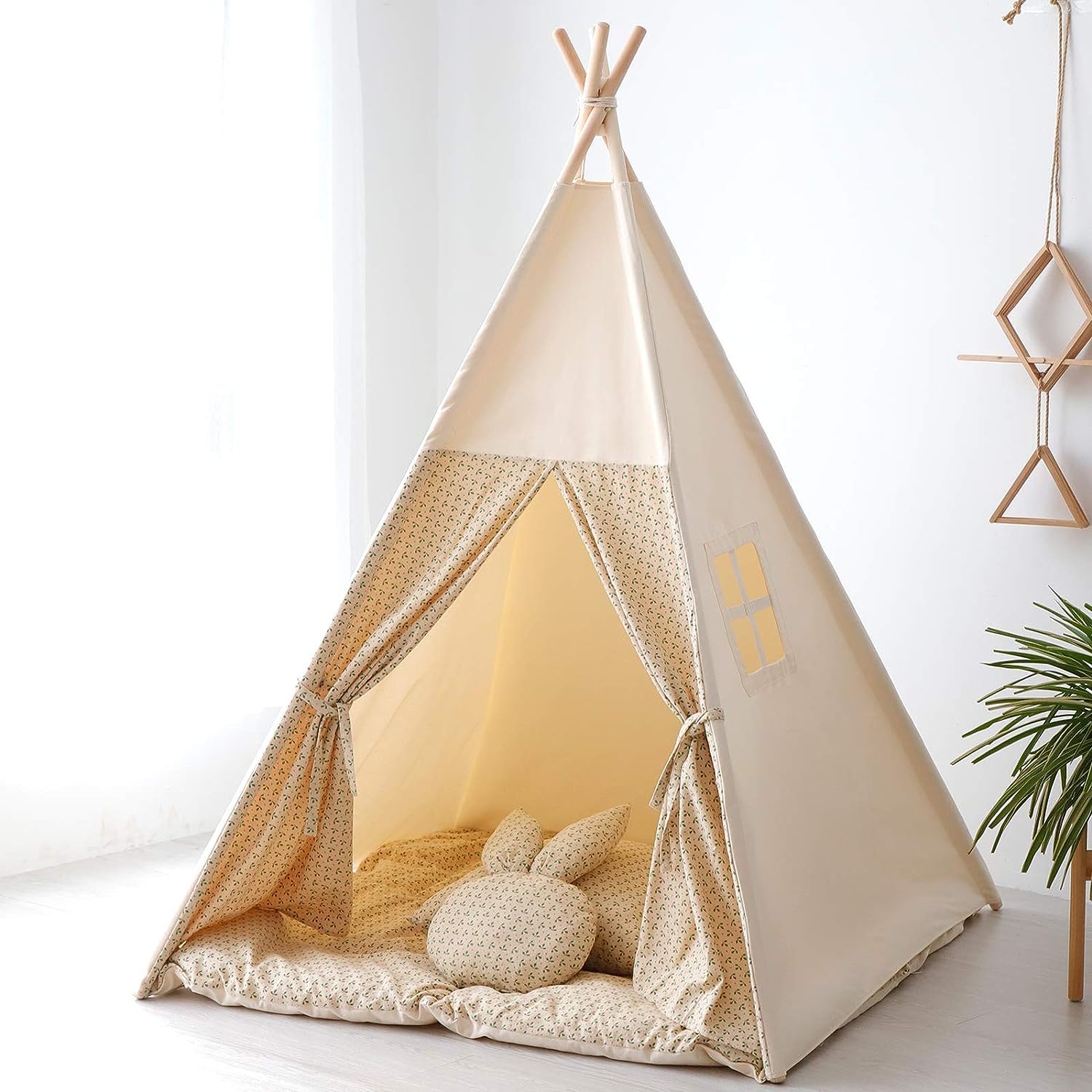 TreeBud Teepee Tent for Kids with Mat,Foldable Play Tents for Girl and Boy with Carrybag,Canvas Tipi Playhouse for Children Indoor Outdoor(Beige & Mat)
