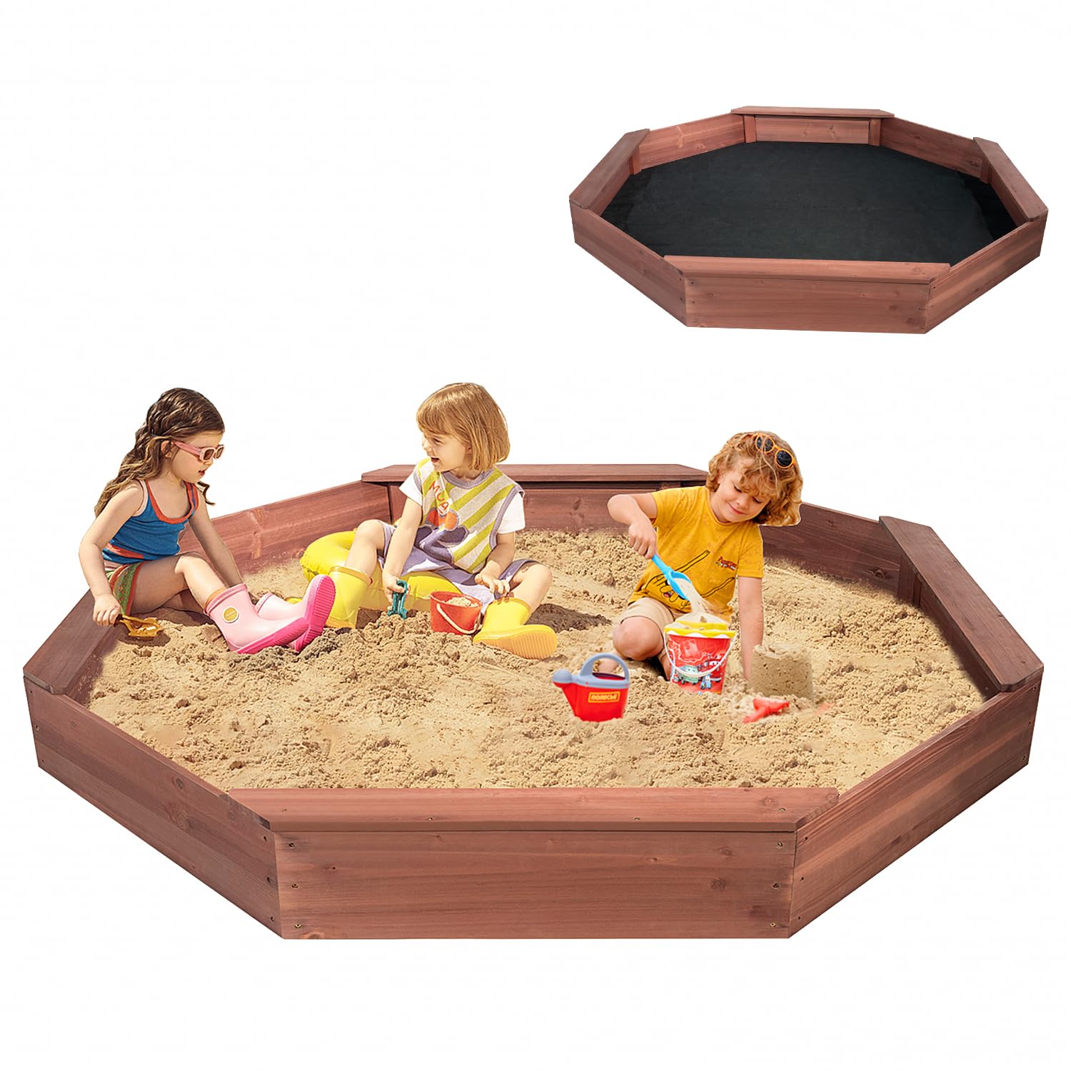 Octagonal Sandbox with Cover, Outdoor Sandpit with 4 Bench Seats
