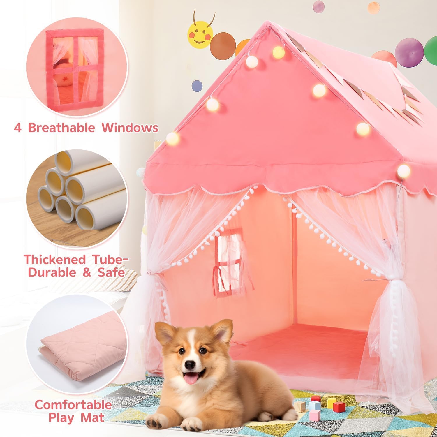 Kids Play Tent with Star Lights and Padded Mat - Light Pink