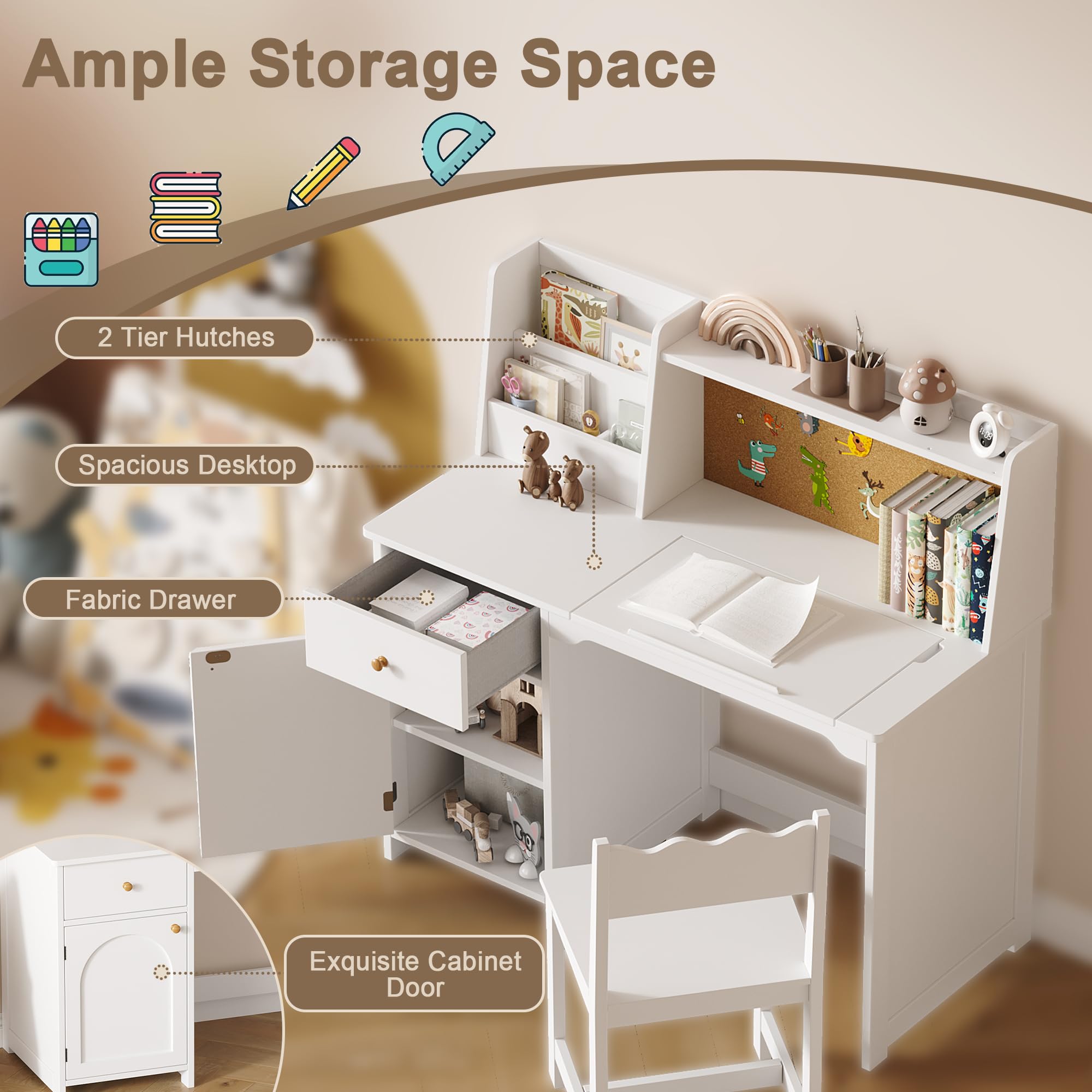 Kids Study Desk and Chair Set with Hutch and Tiltable Desktop