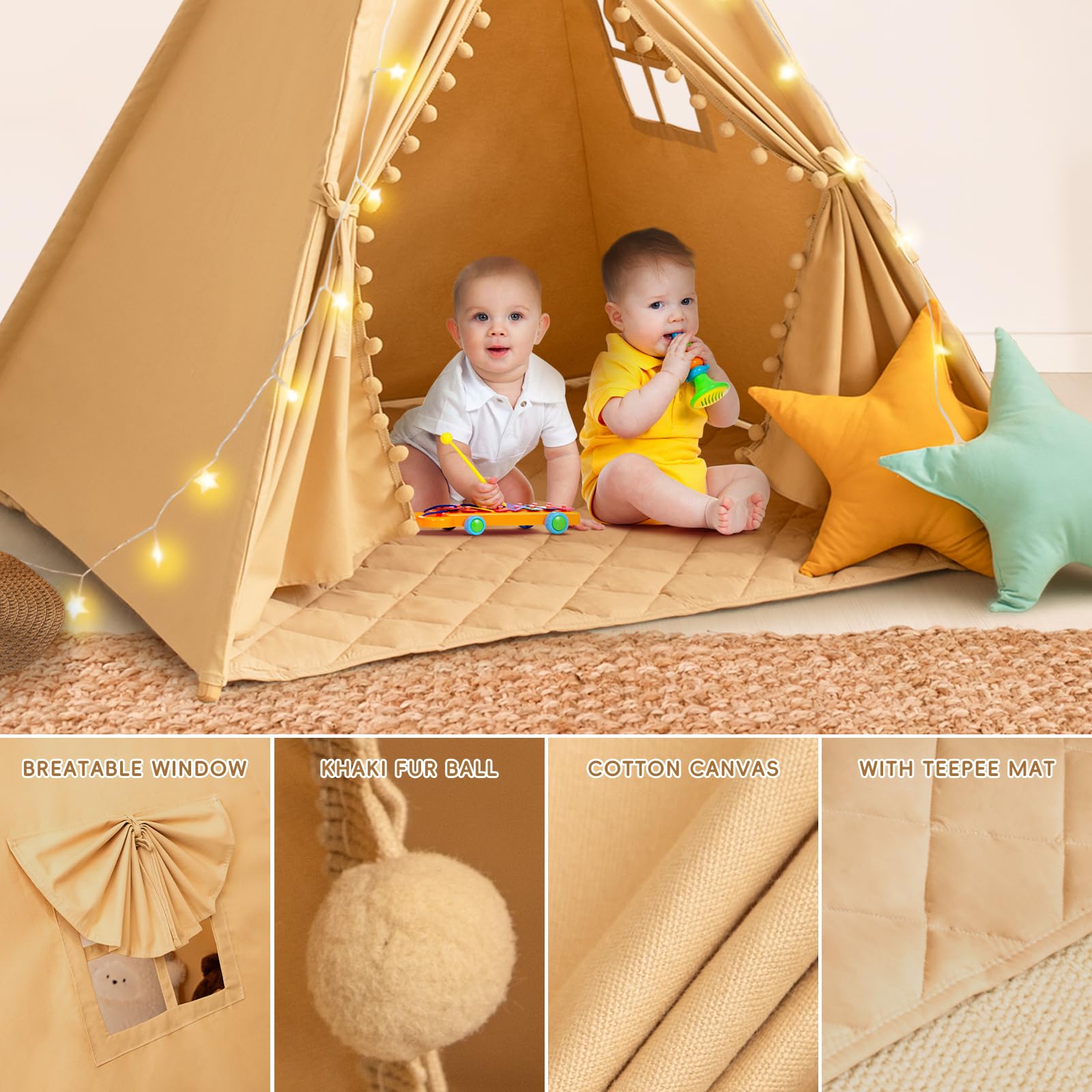 WIRHAO Teepee Tent for Kids with Mat, Cotton Canvas Kids Teepee with Pompom for Toddlers Indoor Play Tent for Girls Boys with Stars Lights, Carry Bag, Banner Flag (Khaki)
