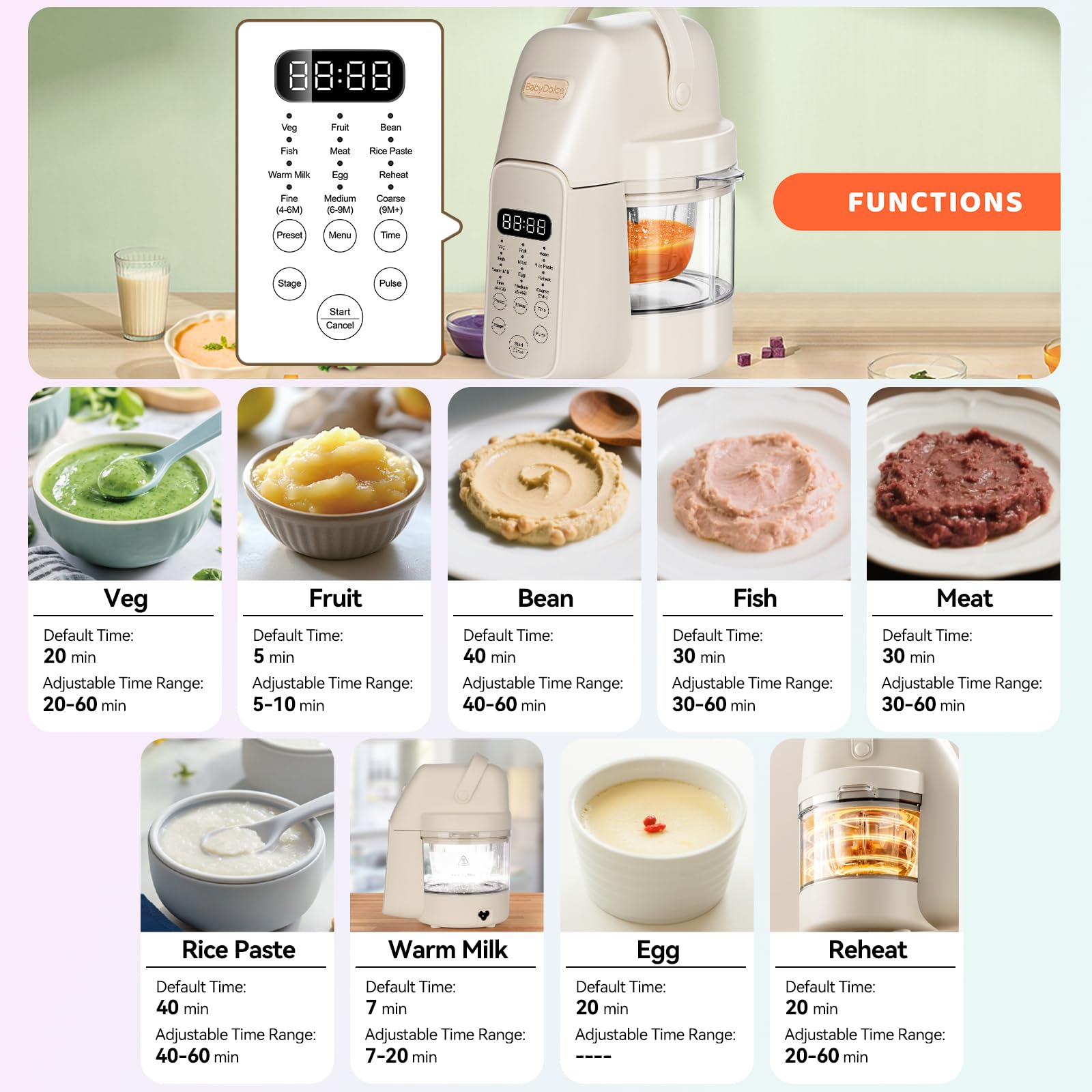 Baby Dolce Baby Food Maker, 9 in 1 Glass Baby Food Processor Steamer Puree Blender with 6 Blades, One Step Cook Grinding, Touch Screen Control, Multifunctional Blender with 24h Timer, Dishwasher Safe