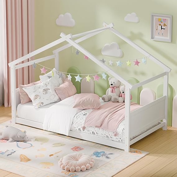 Twin House Bed, Montessori Floor Bed with Headboard & Footboard, Solid Wood Bed Frame