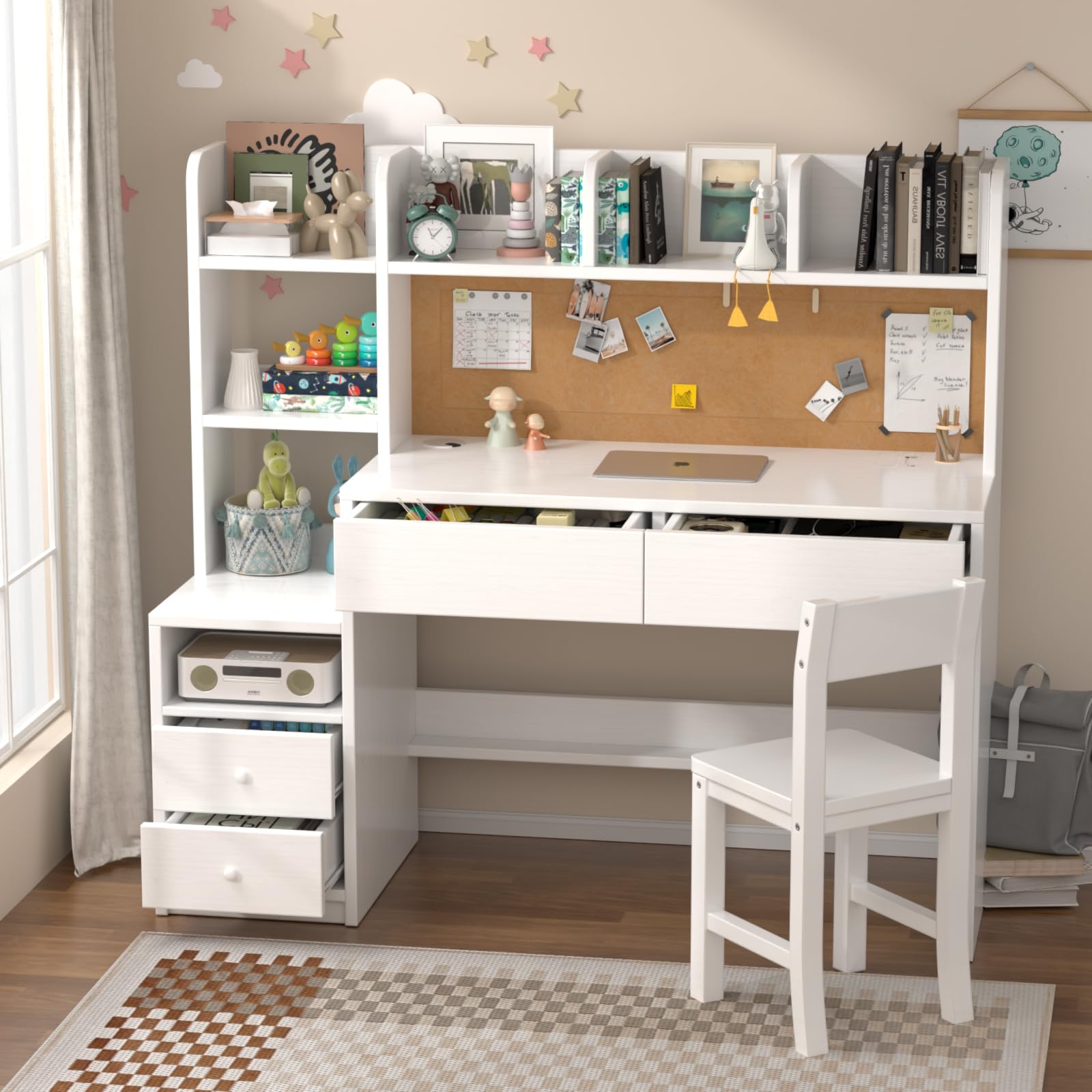Wooden Kids Desk and Chair Set, 4 Drawers and 7 Open Cubbies