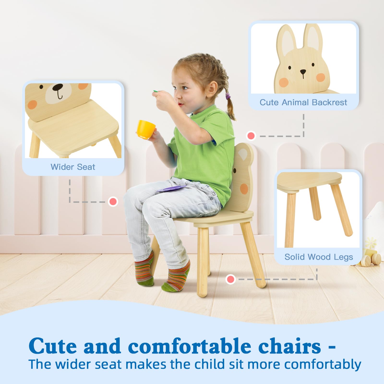 Kids Wooden Animal Chairs Set - Rabbit and Bear Design