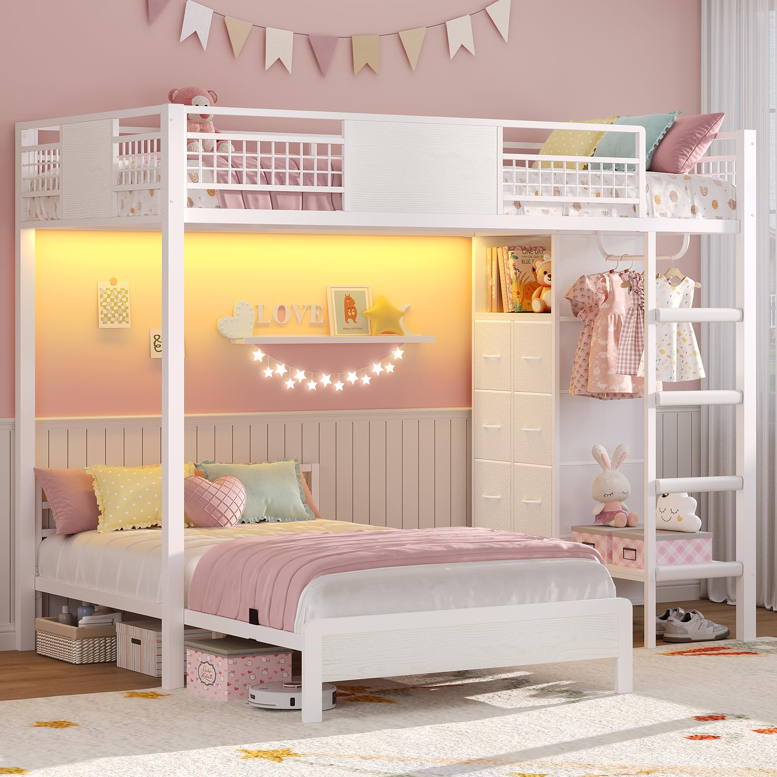 Twin Over Twin Bunk Bed with Storage Drawers and LED Lights