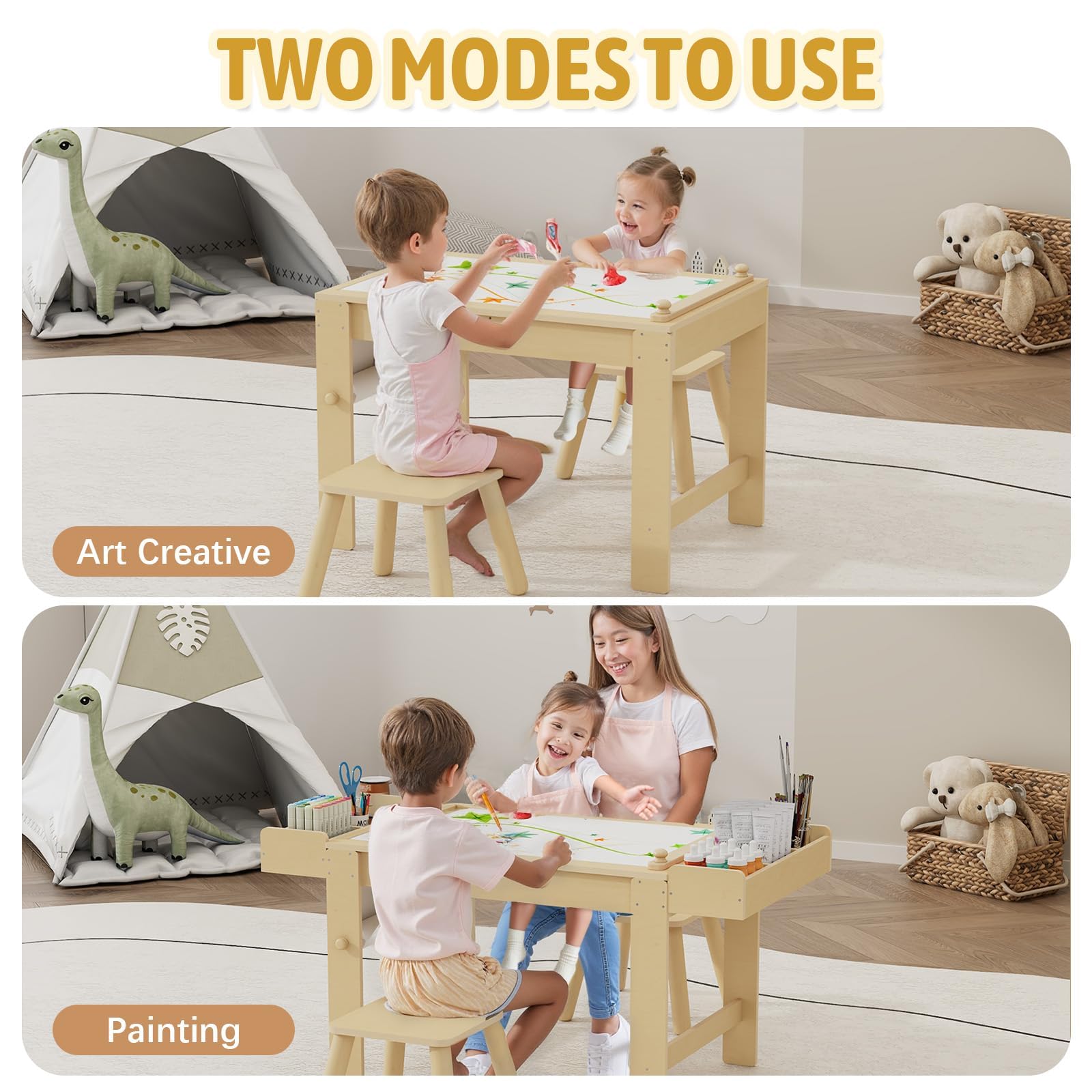 Wooden Kids Art Table and Chairs Set with Storage