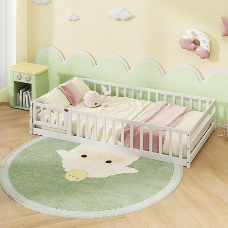 Twin Floor Bed with Door & Fence, Kids Wood Montessori Bed with Safety Guardrails