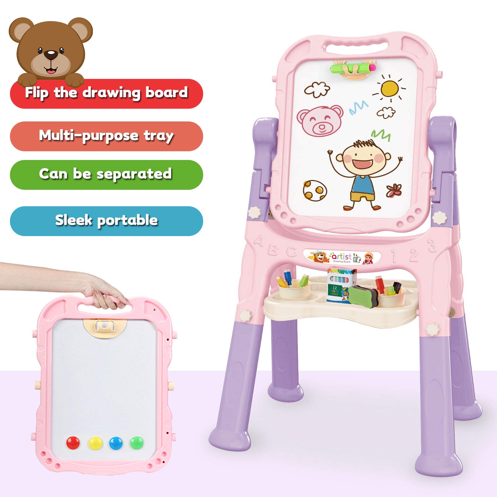 Art Easel for Kids, Adjustable Standing Rotatable Double Sided Easel with Painting Accessories for Toddlers Boys and Girls-Pink