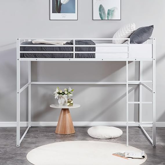 Twin Metal Loft Bed with Safety Guard Rails, Flat Ladder, Metal Slat