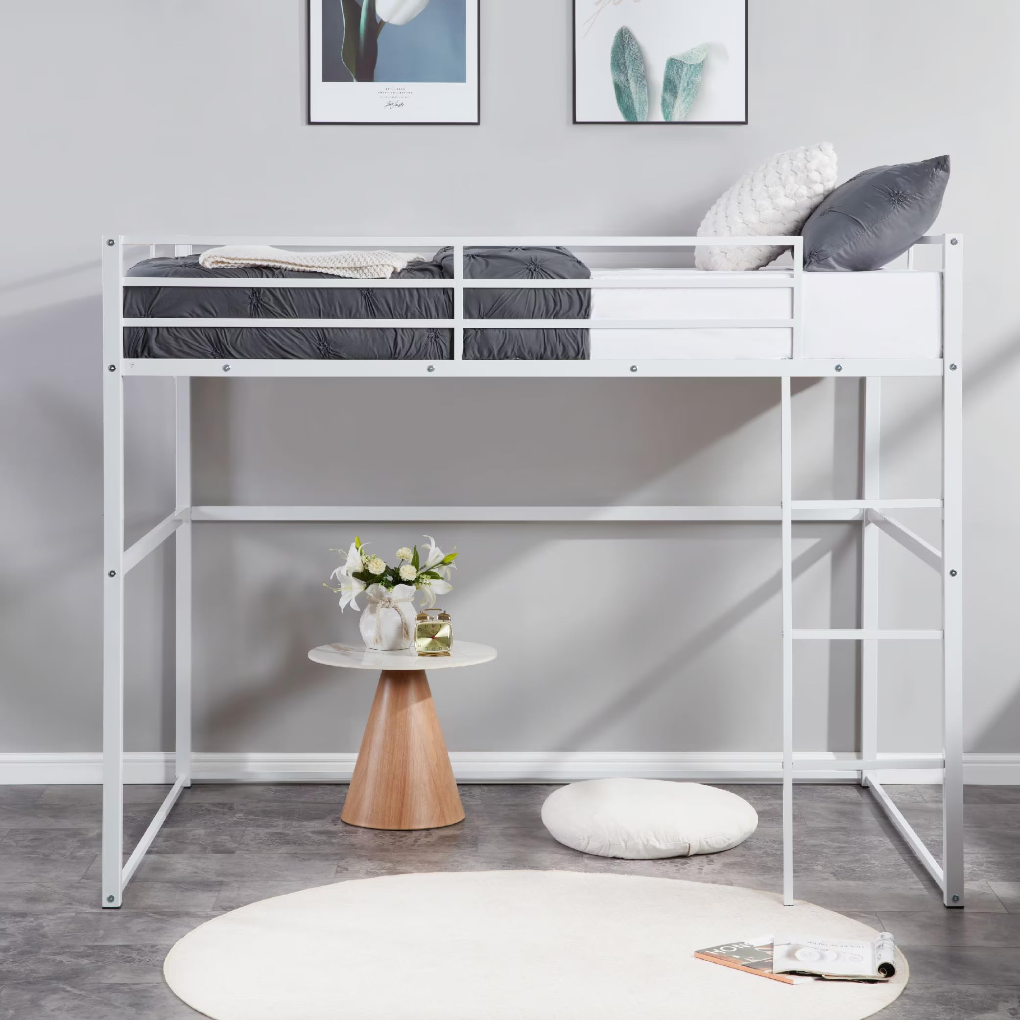Twin Metal Loft Bed with Safety Guard Rails, Flat Ladder, Metal Slat