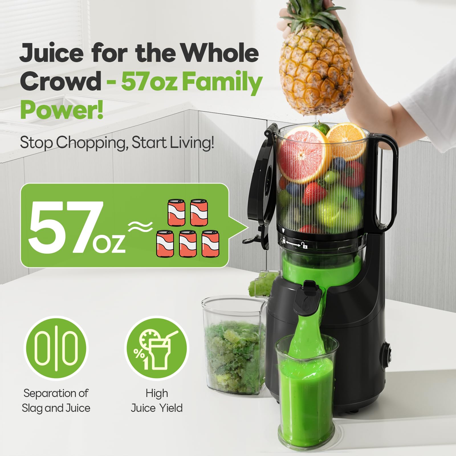 ECOSELF Juicer Machines with 5.3" Mega Mouth & Large Feed Chute, Cold Press Juicer for Whole Fruits & Vegetables, Professional Slow Masticating juicer for Batch Juicing, High Juice Yield Easy to Clean