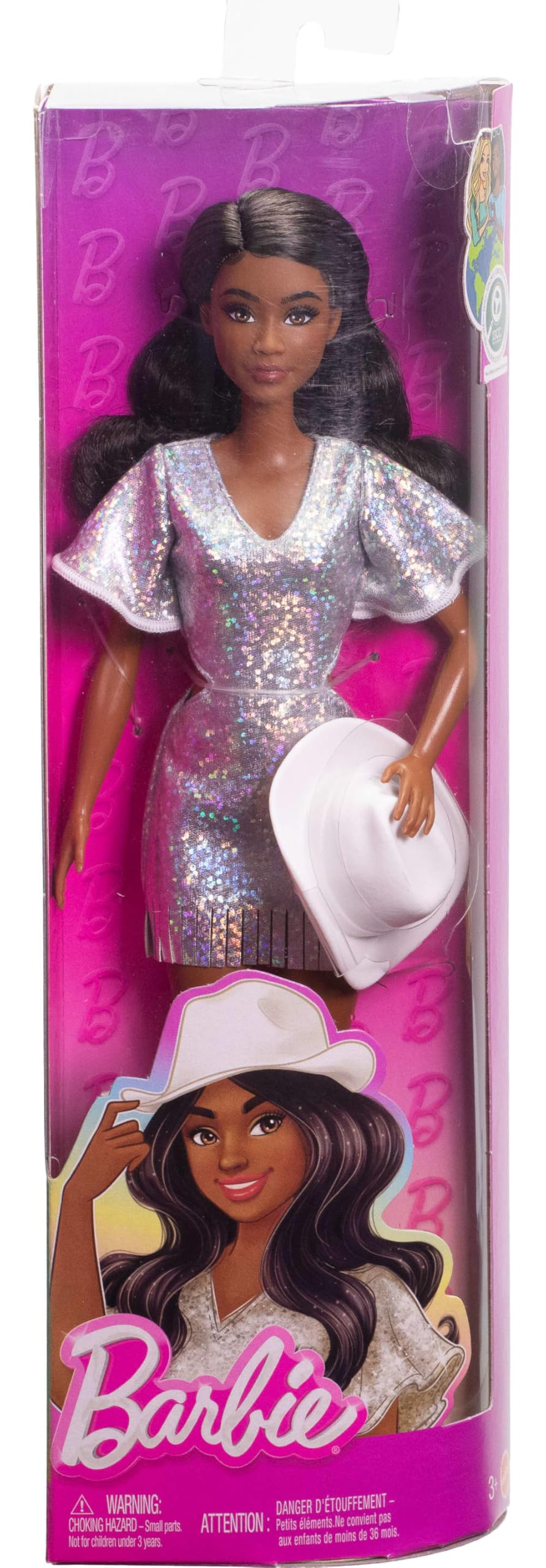 Fashionistas Doll #239 with Black Hair Wearing Sparkly Silver Fringe Dress