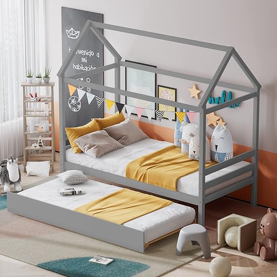 Canopy Bed with Trundle, Full Size Kids Solid Wood Platform Bed Frame