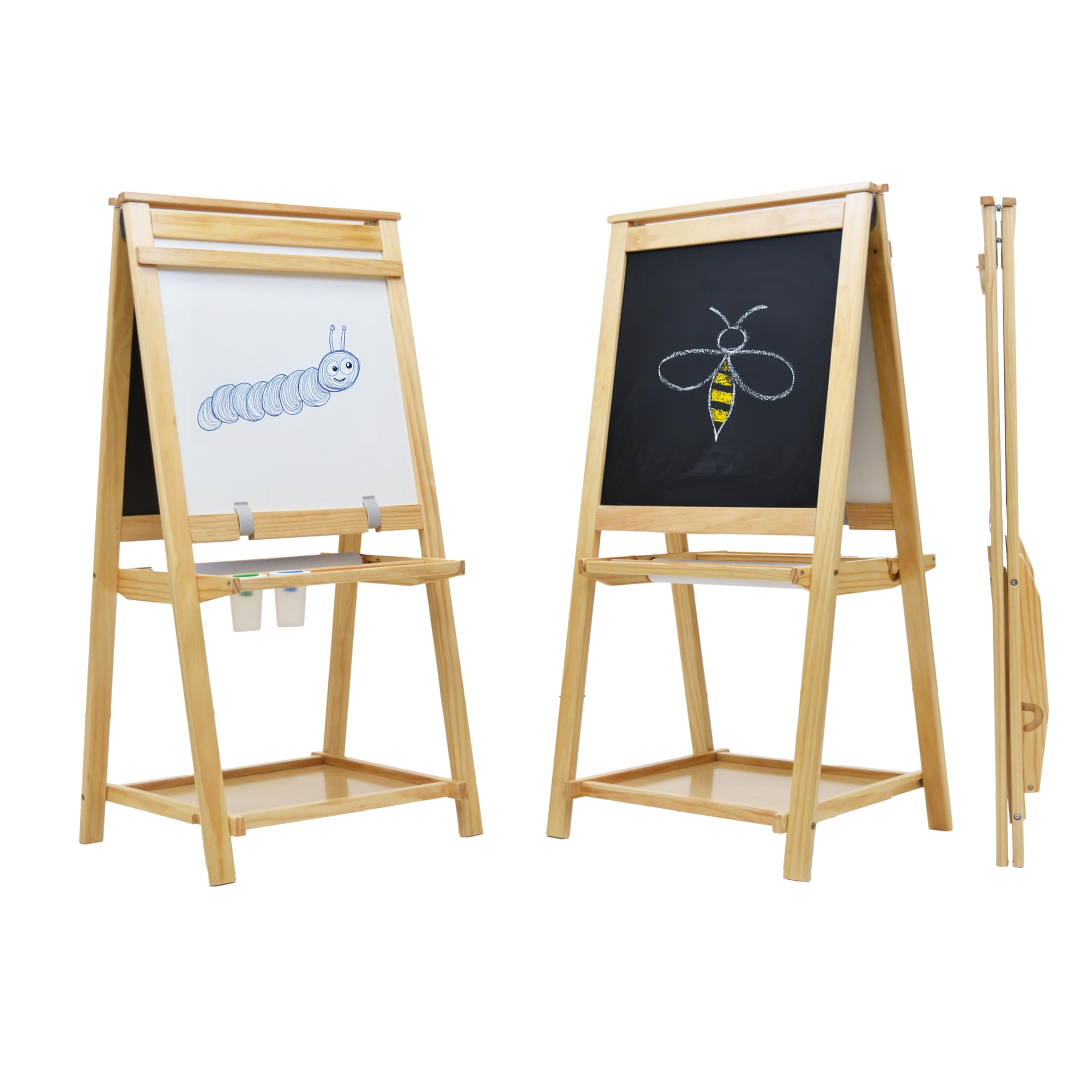 Little Partners Folding EZ Painting Easel for Kids, Dual-Sided Art Easel for Kids Art Station, Folds Flat with Chalkboard, Dry Erase Whiteboard, Paper, Eraser, Paint Cups, Shelf (Natural)