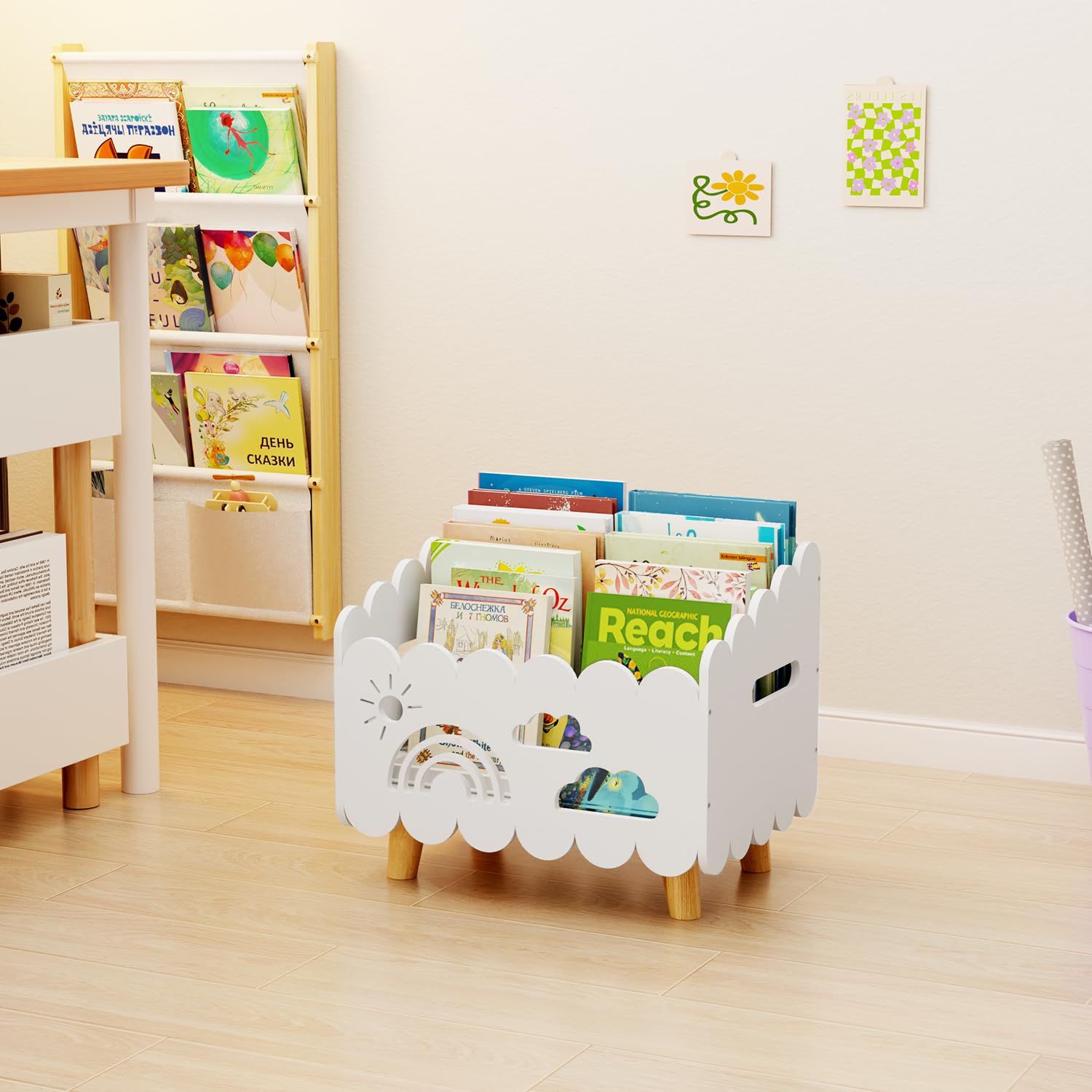 Montessori Kids Bookshelf with Adjustable Dividers
